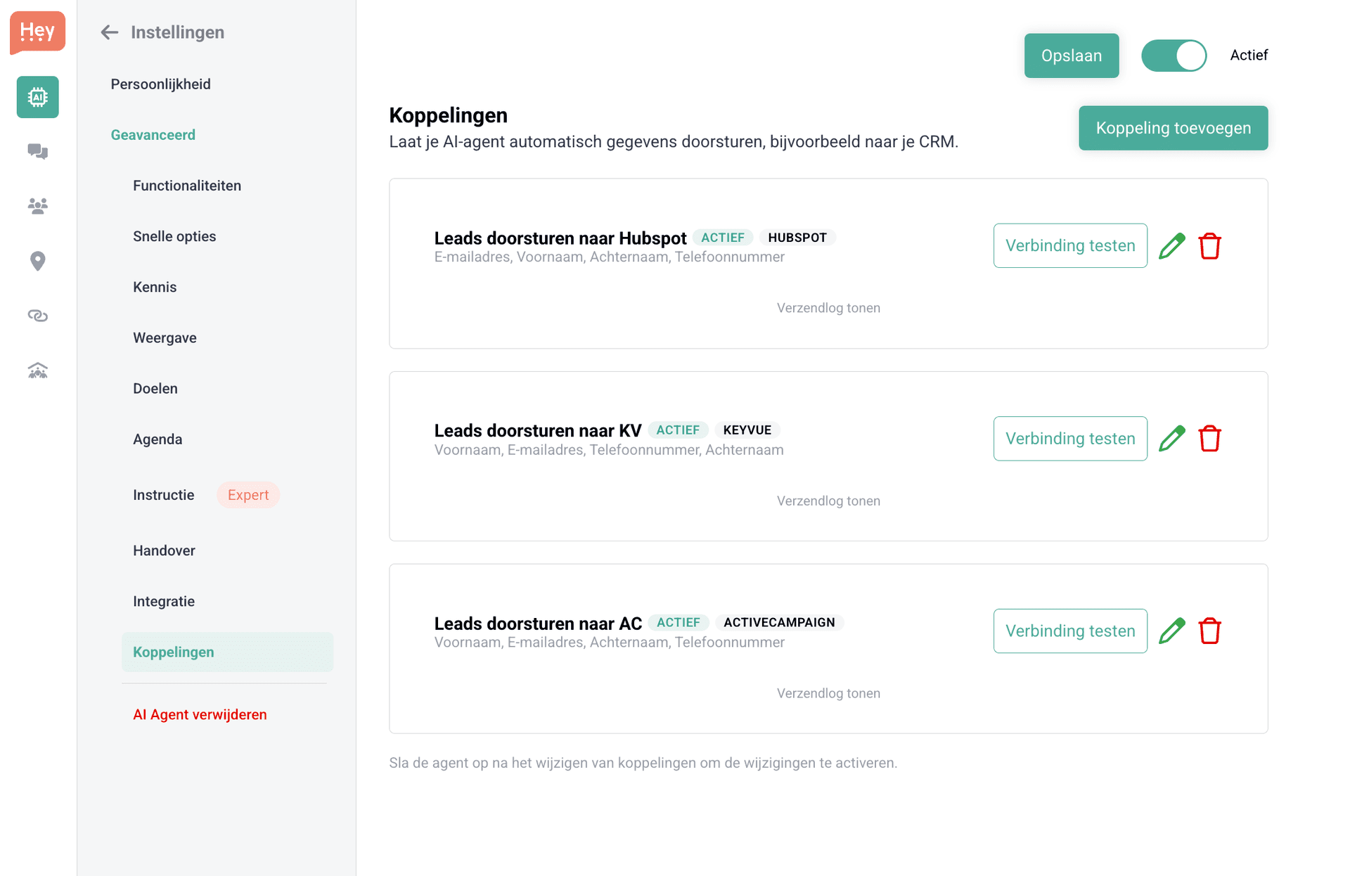 Overview of CRM integrations in the Heyloha dashboard showing HubSpot, KeyVue, and ActiveCampaign integrations