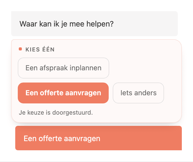 Chatgespräch, in dem die Besucherin einen von drei Auswahlbuttons angetippt hat und die Antwort als Nachricht weitergegeben wurde